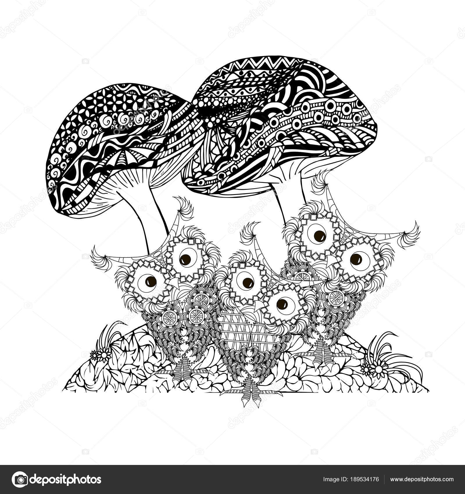 Doodle Van Paddestoelen Uilen Bloem Frame Zwart Wit Tekening