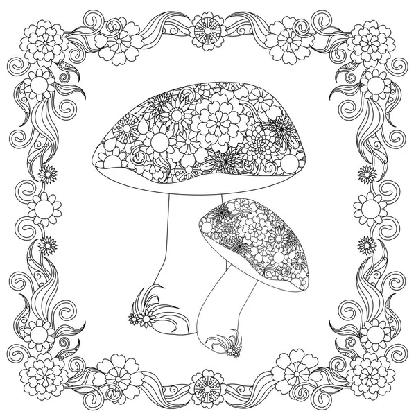 Funghi Doodle Schizzo Monocromatico Cornice Floreale Illustrazione Vettoriale Colorare Pagina — Vettoriale Stock