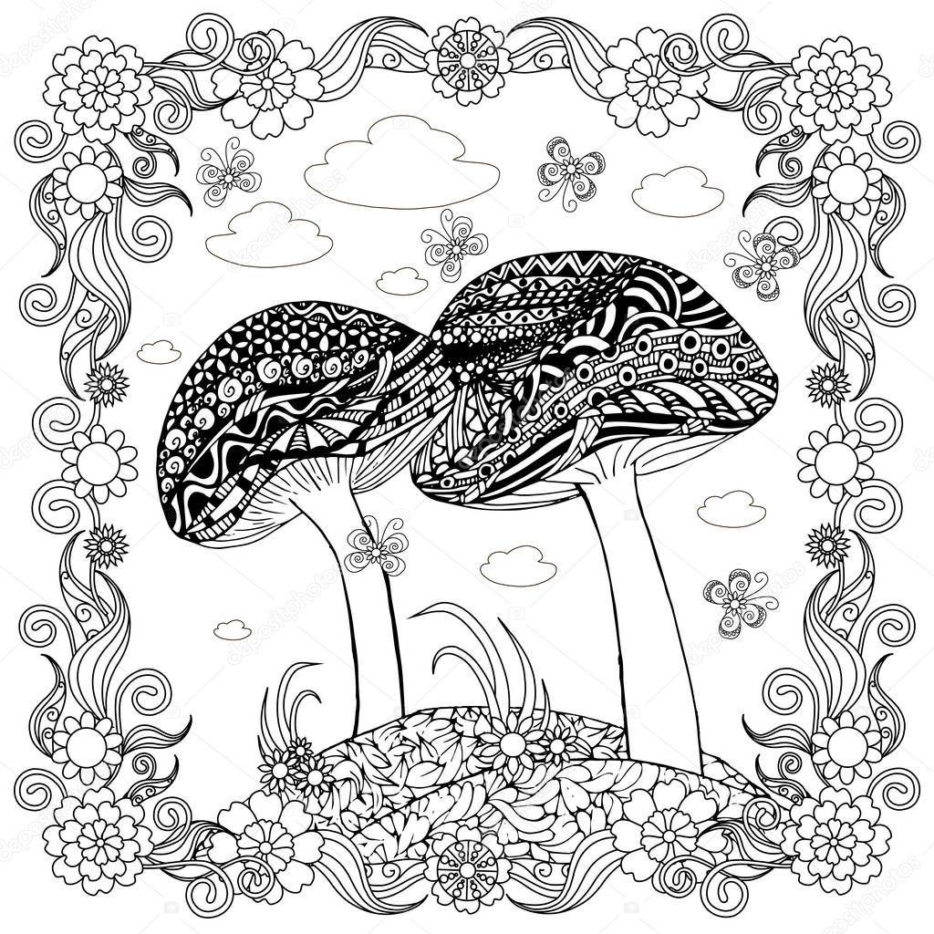 Doodle mushrooms in flower frame monochrome sketch, coloring page antistress stock vector illustration for print, for coloring page