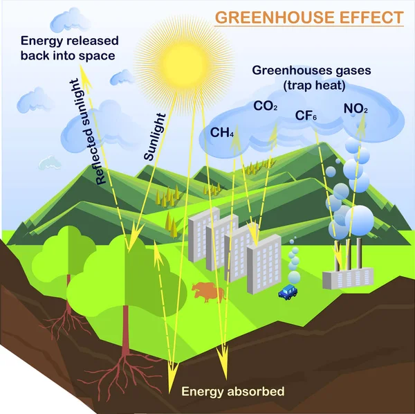 Scheme Greenhouse Effect Flats Design Stock Vector Illustration Ecology Education — Stock Vector