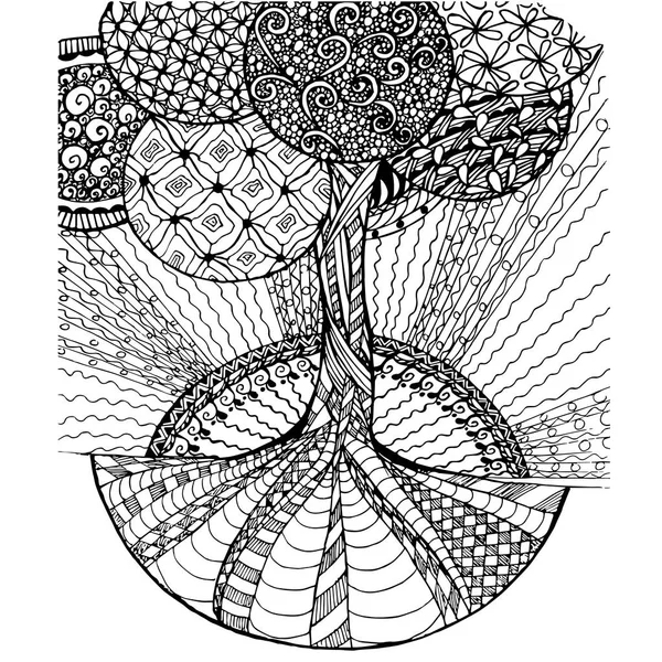 Фон Ручной Работы Дзен Клубок Монохромный Стилизованное Дерево Вектор Запаса — стоковый вектор