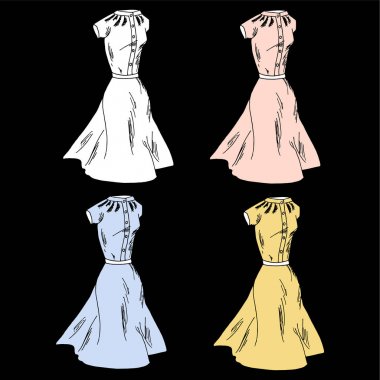 Elbise kroki. Beyaz, mavi, pembe, sarı hisse senedi vektör çizim, tasarım öğesi web, baskı için el çekilmiş 