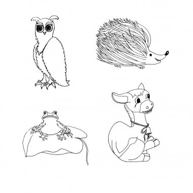 Hayvanlar sayfa boyama için. El çekilmiş ince siyah çizgiler özetliyor eşek, kurbağa, baykuş, kirpi tasarım öğesi web, baskı için