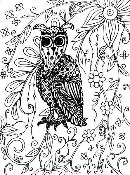 Estilo Zentangle Búho Fondo Flor Boceto Monocromo Página Para Colorear — Vector de stock