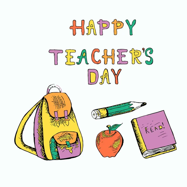 版式横幅字体快乐的教师日 红色背包 书设计元素手工绘制的网页 用于打印 — 图库矢量图片