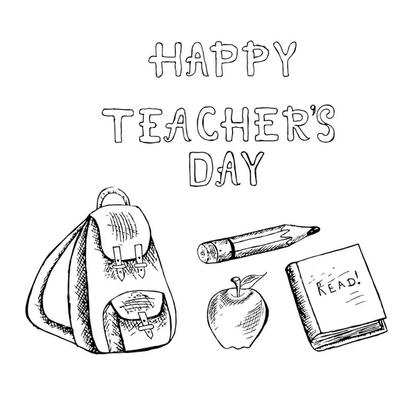 版式横幅字体快乐的教师日 单色背包 书籍设计元素手画的网页 — 图库矢量图片