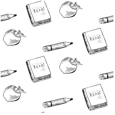 Sorunsuz okul nesneleri arka plan. Elma, kalem, kitap üzerinde beyaz, hisse senedi vektör çizim tasarım öğesi web, baskı için mürekkep tek renkli kroki doodle