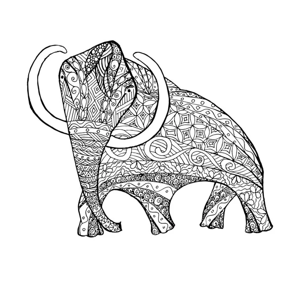 Zentangle Stil Monokrom Skiss Mammut Färgläggning Sida Antistress Lager Vektorillustration — Stock vektor
