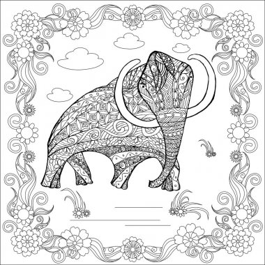 Zentangle stil tek renkli kroki mamut sayfa antistress hisse senedi vektör çizim yazdırma için sayfa boyama, boyama çerçeve çiçek