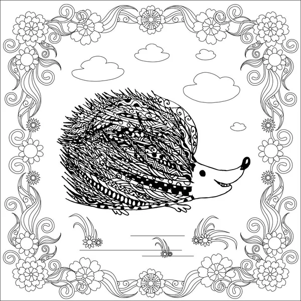 Dibujo Monocromo Estilo Zentangle Erizo Marco Floral Colorear Página Antiestrés — Vector de stock