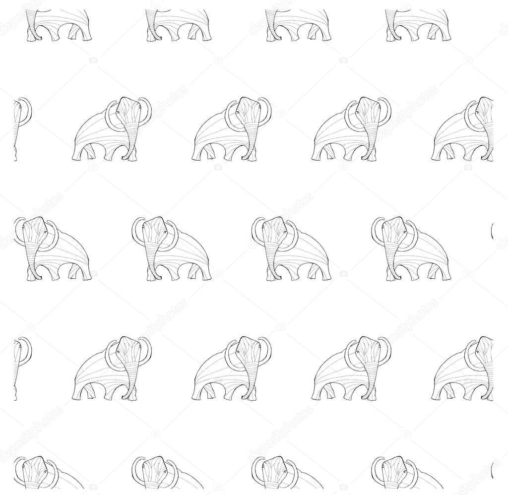 Seamless background monochrome sketch mammoth, coloring page antistress stock vector illustration for print, for coloring page