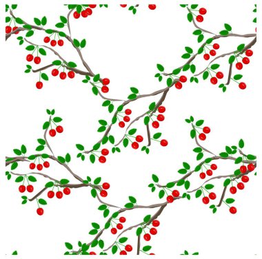 Sorunsuz arka plan düz tasarım kırmızı kiraz, beyaz hisse senedi vektör çizim üzerinde yeşil yapraklar