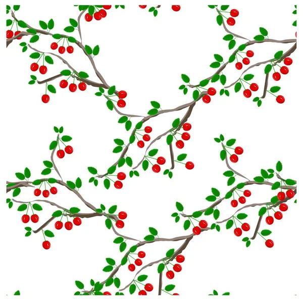 Бесшовный Фон Плоский Дизайн Красная Вишня Зеленые Листья Белом Фоне — стоковый вектор
