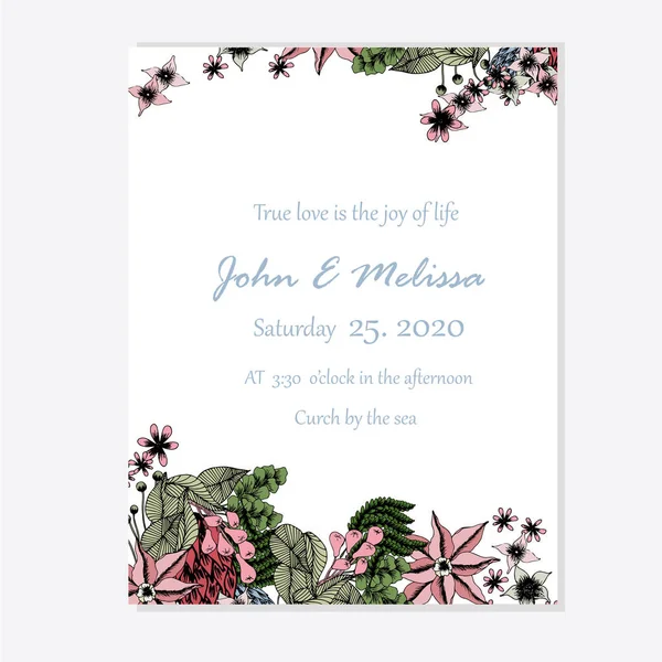 Floral Γαμήλια Πρόσκληση Ροζ Λουλούδι Πράσινα Βρύα Πρότυπο Κάρτα Διάνυσμα — Διανυσματικό Αρχείο
