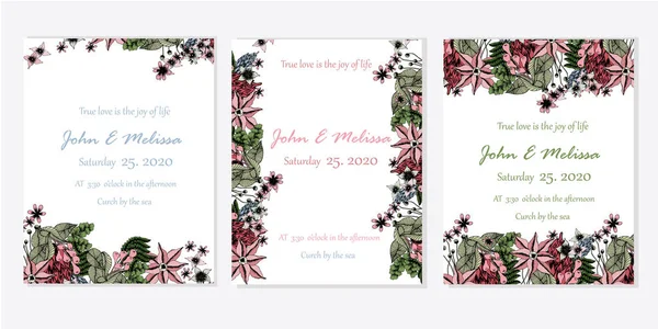 Floral Γαμήλια Πρόσκληση Σετ Ροζ Λουλούδι Πράσινα Βρύα Πρότυπο Κάρτα — Διανυσματικό Αρχείο
