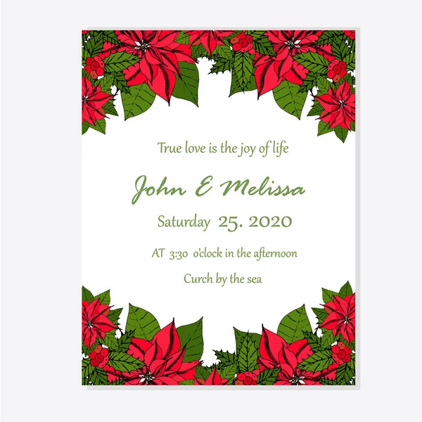 Floral Γαμήλια Πρόσκληση Κόκκινο Λουλούδι Poinsettia Πράσινα Φύλλα Πρότυπο Κάρτα — Διανυσματικό Αρχείο