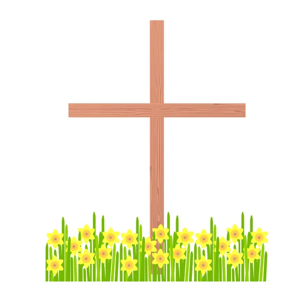 Holzkreuz Auf Weißen Gelben Narzissen Christliche Religion Symbolobjekt Isoliert Für — Stockvektor