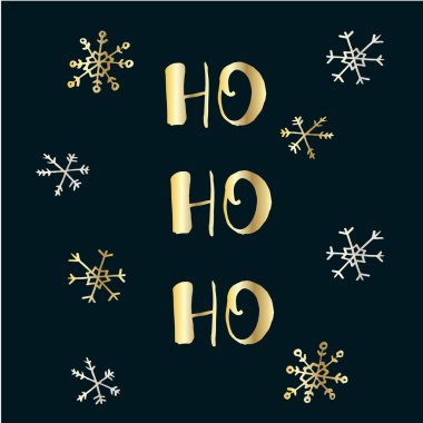 Yeni Yıl ve Xmas Ho Ho Ho 'nun şirin harfleri. Siyah elde altın, hisse senedi vektör çizimi. Tebrik kartları, posterler, çıkartmalar ve mevsimlik tasarım için kış öğeleri.