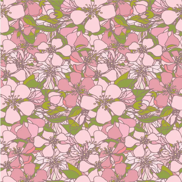 Сакура Бесконечный Образец Розовые Цветы Зеленые Листья Нарисованные Вручную Милый — стоковый вектор