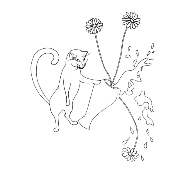 Katten Kastar Vas Med Blommor Handritade Bläck Skiss Konst Design — Stock vektor
