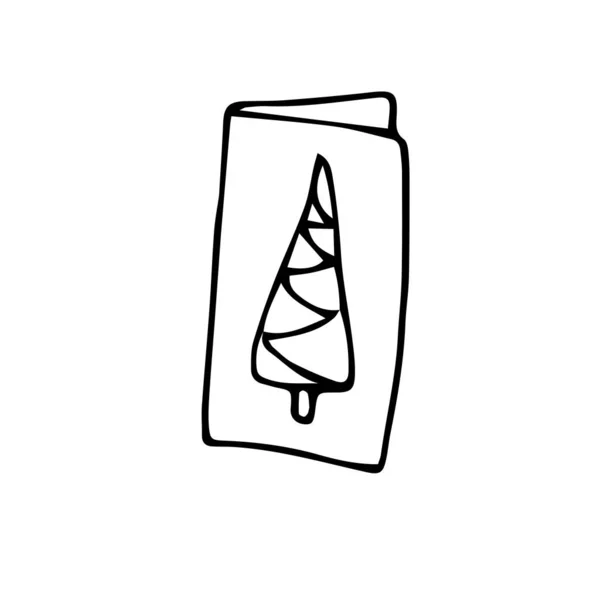 Postkarte Mit Stilisierter Weihnachtsbaumtinte Handgezeichnete Skizze Designelement Winterurlaub Schwarzes Umrisssymbol — Stockvektor