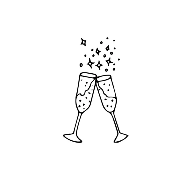 Zwei Gläser Champagnertinte Handgezeichnete Skizze Designelement Winterurlaub Schwarzes Umrisssymbol Auf — Stockvektor