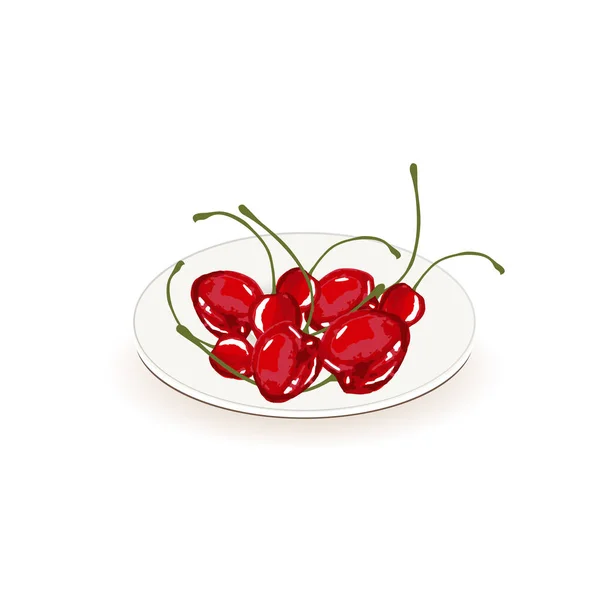 白い皿の上に赤い桜 アートデザイン要素株式ウェブ用ベクトルイラスト 印刷用食品デザイン要素 印刷用 ファブリックプリント用 — ストックベクタ