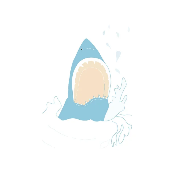 Tubarão Boca Aberta Desenhos Animados Peixe Azul Fundo Branco — Vetor de Stock