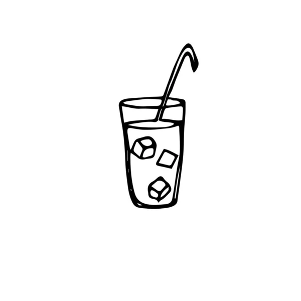 Vaso Bebida Con Cubitos Hielo Paja Icono Monocromo Tinta Dibujado — Vector de stock