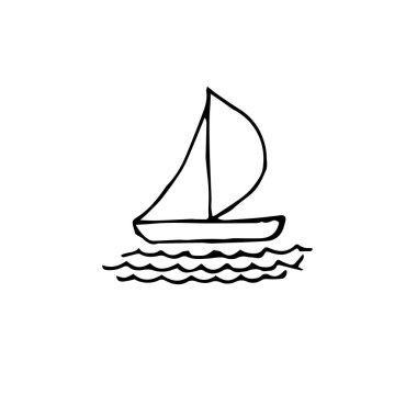 Gemi monokrom simgesi. Mürekkep el çizimi karikatürler gemi silme dalga tasarımı elementler web için stok vektör illüstrasyon