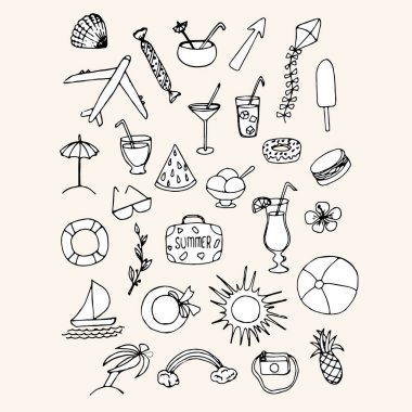 Yaz tatili ikonu seti. Beyaz içecek ikonu, karpuz dilimi, dükkan, avuç içi, güneş, uçurtma, kabuk, uçak, pembe elle çizilmiş sanat tasarımı web için stok vektörü çizimi