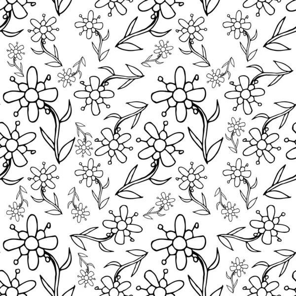 Floral Monochrome Endless Pattern Hand Drawn Seamless Background Ink Graphic — 스톡 벡터