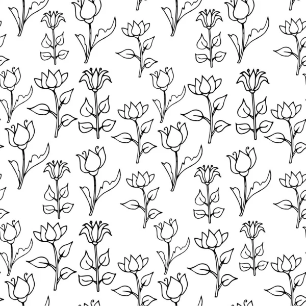 Floral Monochrome Endless Pattern Hand Drawn Seamless Background Ink Graphic — 스톡 벡터