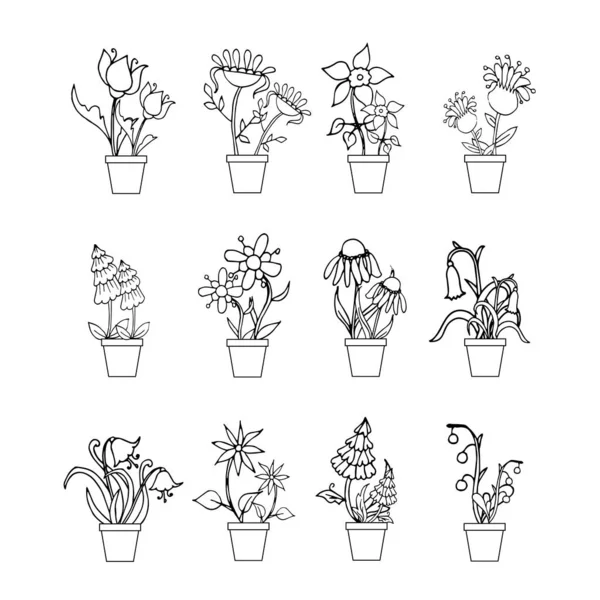 Icono Flores Maceta Conjunto Monocromo Objeto Aislado Diseño Plano Stock — Vector de stock