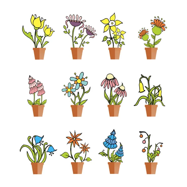 Icono Flores Maceta Conjunto Estilizado Objeto Colorido Aislado Diseño Plano — Vector de stock