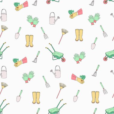 Grinin bitmeyen bahçıvanlığı. El arabası, lastik bot, kürek, tırmık, eldiven, sulama kutusu, el mürekkebi, renkli sanat tasarımı element vektörü çizimi web için, baskı için, ürün tasarımı için, Walppaper için, kapak için