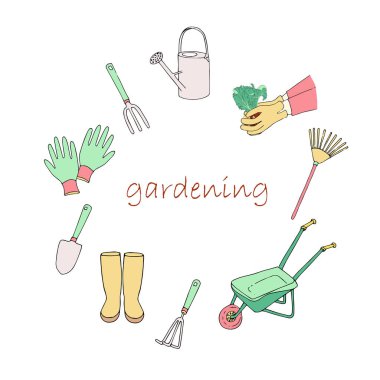 Bahçıvanlık ikonları. El arabası, lastik bot, kürek, tırmık, eldiven, sulama tenekesi, el mürekkebi, renkli sanat tasarımı element vektörü çizimi web için, baskı için, ürün tasarımı için