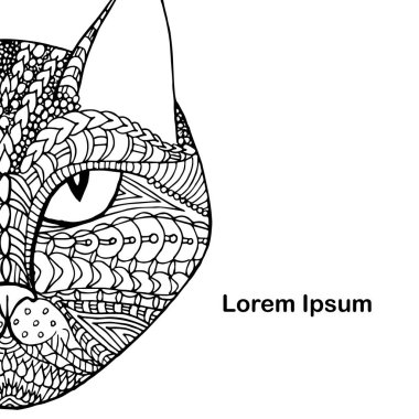 Kedi karalaması, Lorem Ipsum geçmişi. El çizimi sanatsal mürekkep monokrom sanat tasarımı element stok vektör çizimi web için, baskı için, boyama kitabı için