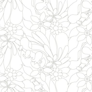 Çiçeksiz desen. Web için, baskı için, kumaş baskısı için, tekstil için, duvar kâğıdı için, kapak için sanat monokrom tasarım element stok vektör ilülasyonu