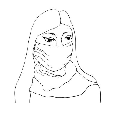 Tıbbi maskeli tek renkli ikonlu kız. El çizimi nesne web için izole grafik tasarım ögesi, yazdırmak için