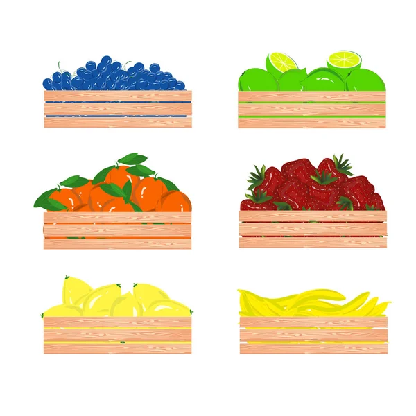 Set Frutas Caja Madera Uva Plátano Naranja Lima Limón Fresa — Vector de stock