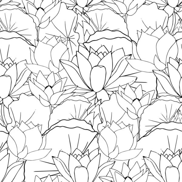 ロータスモノクロームの花のシームレスなパターン ウェブのためのアートデザイン要素ストックベクトルイラストを残し 印刷のための ファブリックプリントのための カバー 壁紙のための — ストックベクタ