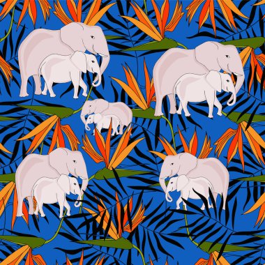 Strelitzia mavinin üzerinde kusursuz desen var. Sanat tasarımı stok vektörü turuncu çiçeklerden, siyah yapraklardan, pembe fil aile duvar kağıdından, ağ için, baskı için, kumaş baskısı için