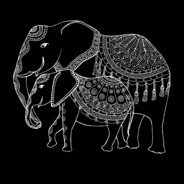 Fil ailesinin karalama çizimi. Animal outline hand drew ink monochrome art element web için, baskı için, boya kitabı için, tişört baskısı için, dövme için.