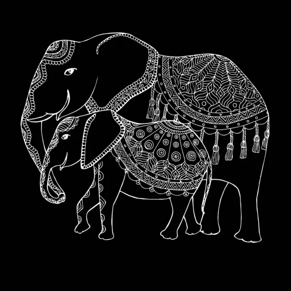 Bosquejo Garabatos Familia Elephant Esquema Animal Dibujado Mano Tinta Monocromo — Vector de stock