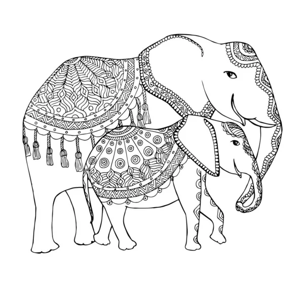 Esboço Rabiscos Família Dos Elefantes Elemento Desenho Arte Monocromática Tinta —  Vetores de Stock