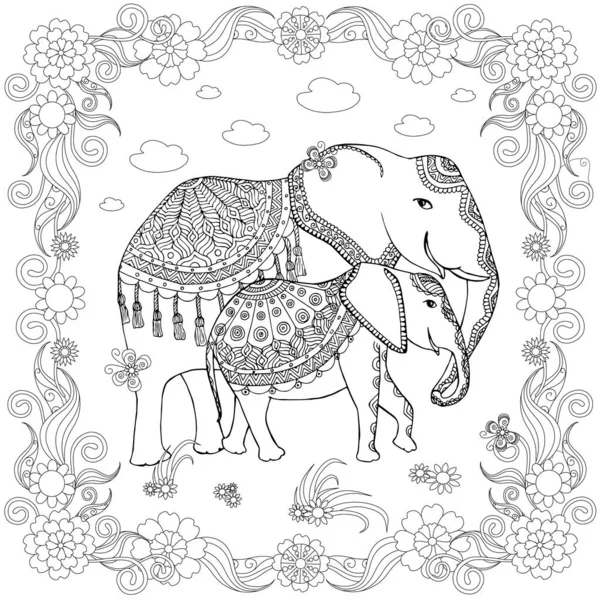 Bosquejo Garabatos Familia Elephant Marco Floral Esquema Animal Dibujado Mano — Vector de stock