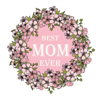 Gelmiş geçmiş en iyi anne afişi. Sakura pembe çiçek çelengi yuvarlak çerçeve sanat tasarımı web için stok vektör çizimi, baskı için