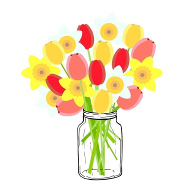 Tulip, deffodil buketi kavanozda. Sanat yayı sarısı, kırmızı, pembe, beyaz çiçek tasarımı element stok vektörü nesnesi ağ için, yazdırma için