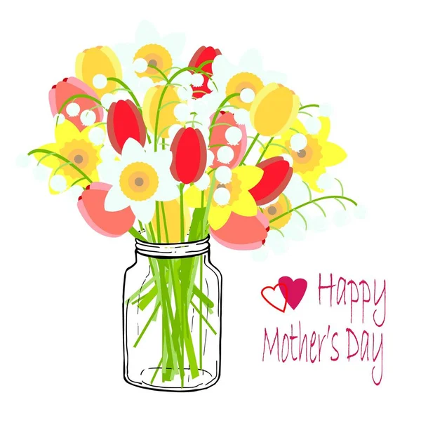 Happy Mathers Day Typography Banner Lily Valley Tulip Daffodil Jar — Stock Vector